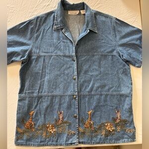 Casey & Max Vintage Embroidered Denim Button Up Shirt with Animal Design